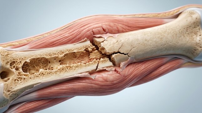 3D medical illustration of a complex comminuted bone fracture with multiple small fragments in the medullary cavity against the background of muscle tissues.