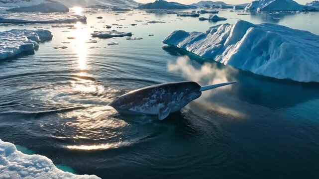 Majestic Narwhal Surfaces in Arctic Waters Surrounded by Icebergs During Golden Hour Light