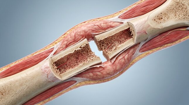 Anatomical 3D visualization of a complete transverse fracture of the femur or humerus with displacement of fragments, blood vessels and damaged muscles.