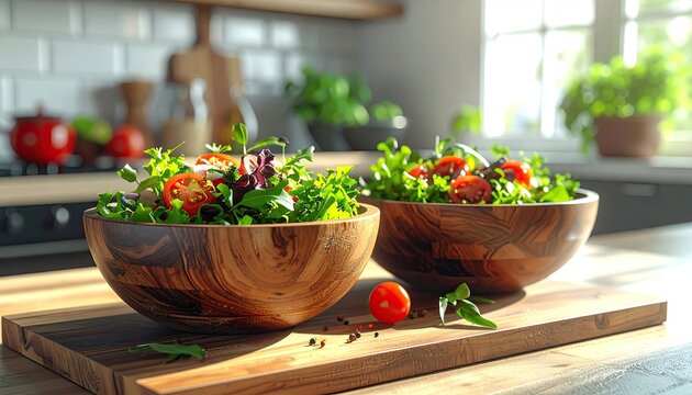 Fresh Garden Salads Served in Rustic Wooden Bowls on a Kitchen Counter.
