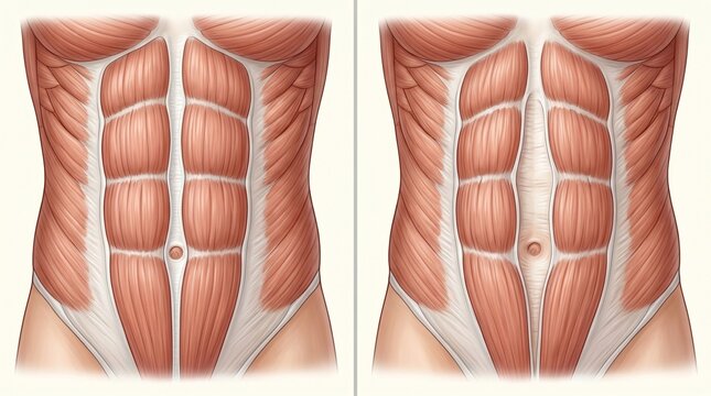 Comparative medical drawing of the male abs showing the healthy condition of the rectus abdominis muscles on the left and their divergence (diastasis) with a hernial protrusion on the right.