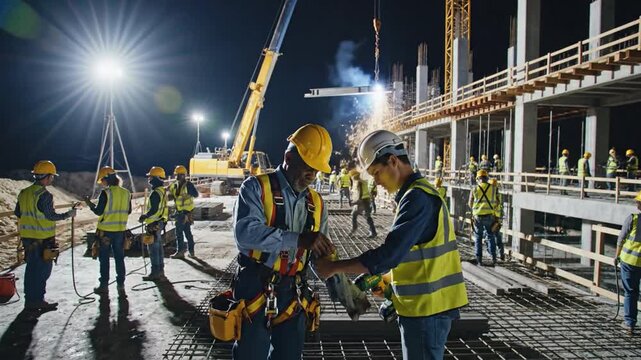 Construction workers in safety gear collaborating at a brightly illuminated nighttime construction site with a crane lifting beams.