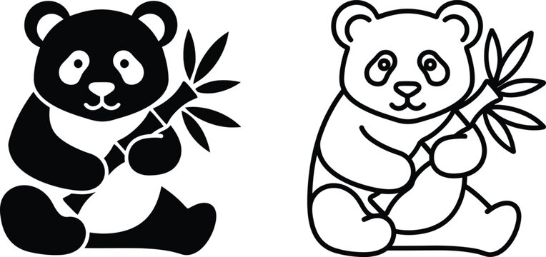 Silhouette panda bear icon set with bamboo branches for creative environmental design