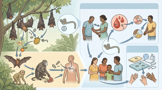 An informational medical diagram of the transmission routes and symptoms of Ebola, showing infection from bats and primates, as well as spread between humans through body fluids.