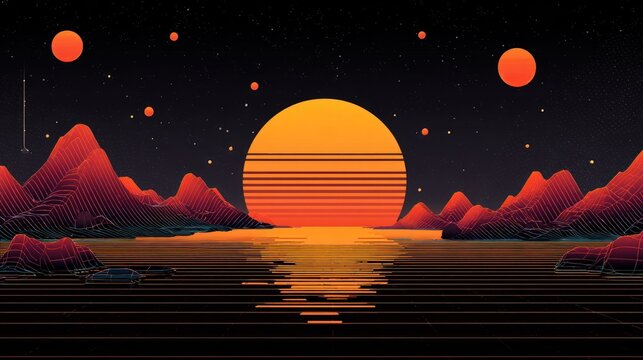 Retrowave landscape depicts a large striped celestial body setting over a rugged terrain reflected in a reflective surface.
