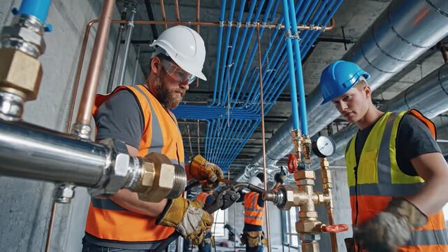 Skilled Construction Workers Installing Sophisticated Plumbing Systems in Modern Building Interior