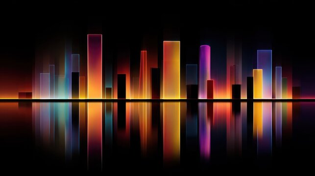 Abstract digital skyline visualization features glowing vertical bars reflecting on a dark surface