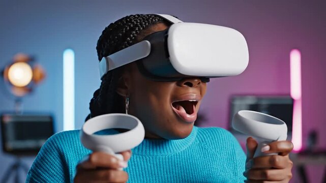 Woman experiencing virtual reality with VR headset and controllers in a studio.