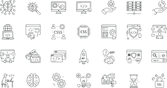 Software development and programming line icons set including coding API database security cloud and developer tools vector collection