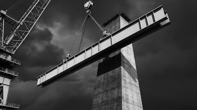 Massive steel beam lifted by crane towards a colossal concrete pillar under a stormy sky