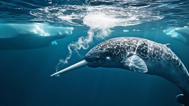 Majestic Narwhal With Spiraling Tusk Surfaces From Arctic Waters Amidst Icebergs