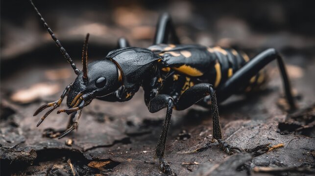 Detailed Macro Shot of a Black and Yellow Earwig with Prominent Pincers on Forest Floor