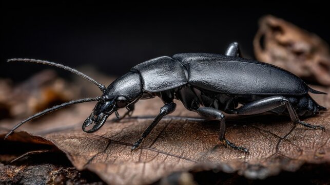 Detailed Macro View of a Black Earwig Insect with Distinctive Pincers on a Dry Leaf