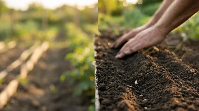 Farmer planting seed in soil row. Agronomist hands sowing vegetable crop in garden bed. Organic farming and spring agriculture work for cultivation of food plant.