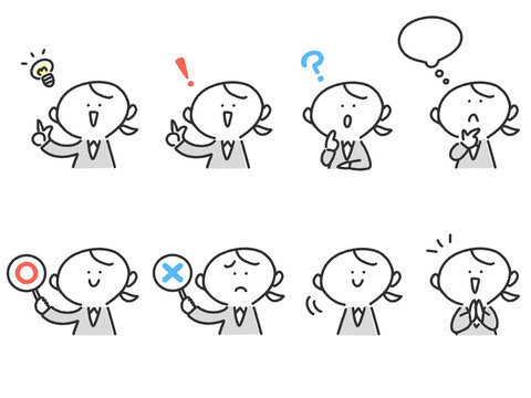 かわいい手描きのビジネス女性セット（ひらめく・OK・NG・考える・うなずく・喜ぶ）