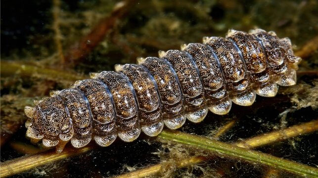 Close-up of a segmented dragonfly larva with armored abdominal plates in its aquatic habitat