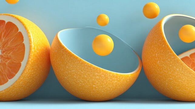Composition features halved citrus fruits and small spherical objects against a cool background