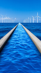 Obraz premium Offshore wind turbine ocean sea renewable energy climate change adaptation clean power view along seawall channel blue sky symbolizing resilient