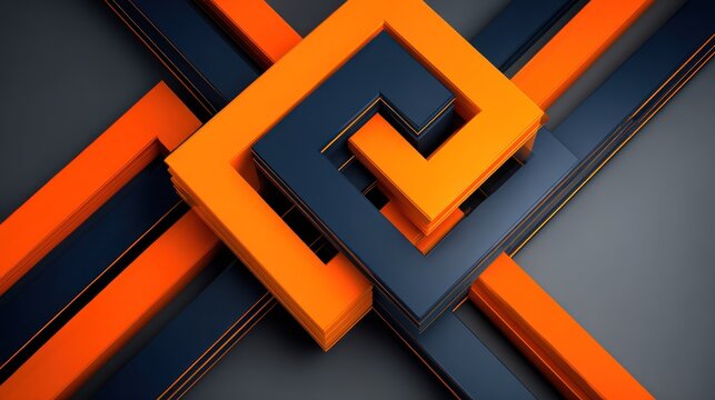 Interlocking three dimensional geometric shapes create a dynamic abstract composition of contrasting colors
