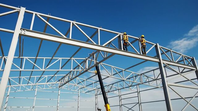 Skilled construction workers meticulously assembling a complex steel truss system at a building site
