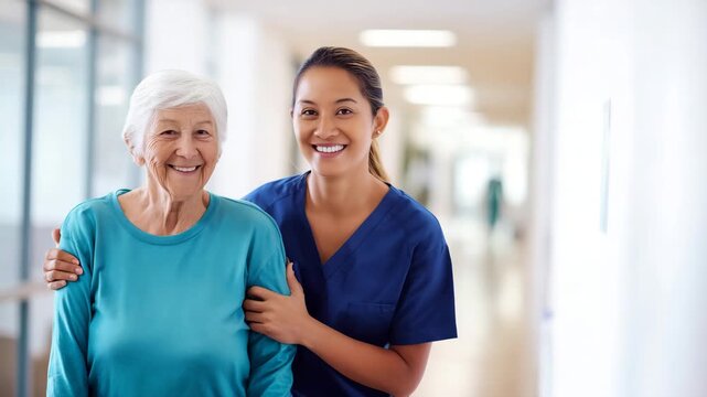 medical assistant guiding elderly patient through clinic corridor, supportive posture, gentle hand on elbow, warm reassuring smile