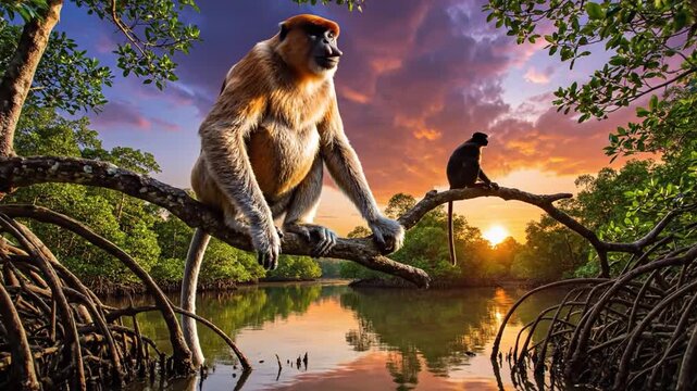 Proboscis monkey pair resting on mangrove branches during a vibrant sunset over a swampy waterway.
