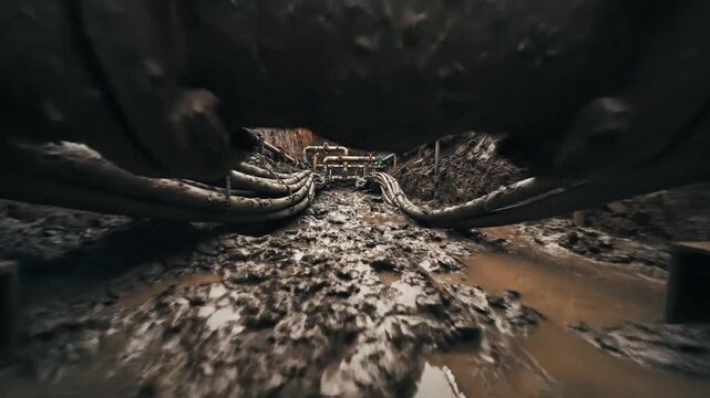 Muddy Trenches Dug for Utility Pipelines Showing Exposed Earth and Water