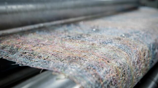 Medium footage of colored sanitary paper sheet in the wet web stage showcasing water removal on the forming wire with vivid hues and delicate fiber structure before pressing.
