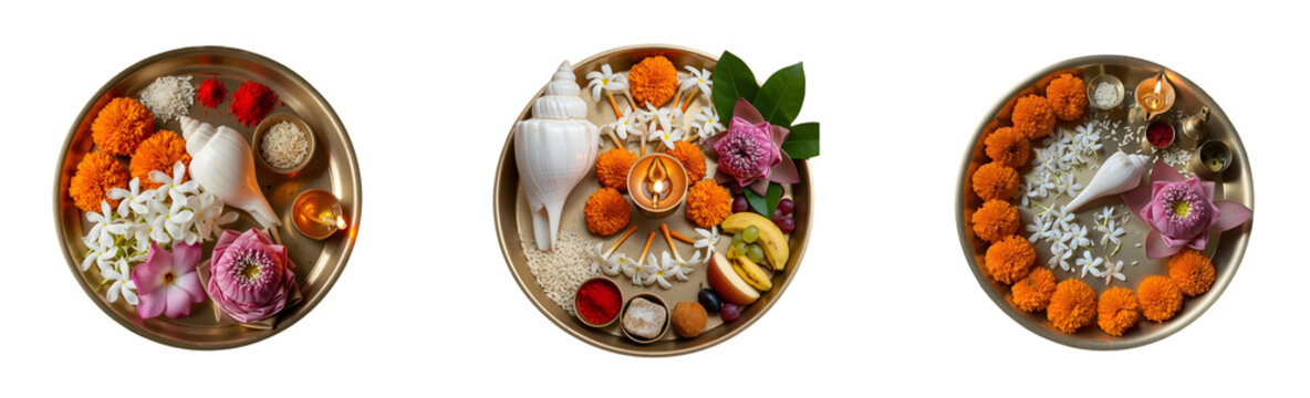Sacred Puja Thali with Marigold, Shiuli, Lotus, and Conch Shell for Durga Puja Rituals