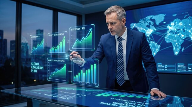 A mature businessman in a dark suit gestures towards a holographic display showing global expansion and investment growth charts. He is examining the data on a sleek, interactive touchscreen.