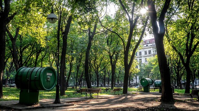 Eco-friendly city park featuring green rainwater harvesting tanks under lush canopy of trees with sunlight filtering through