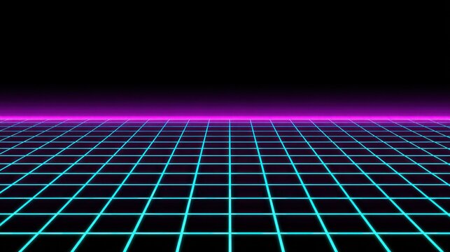 Fluorescent wireframe plane extends toward a glowing neon horizon under a dark sky