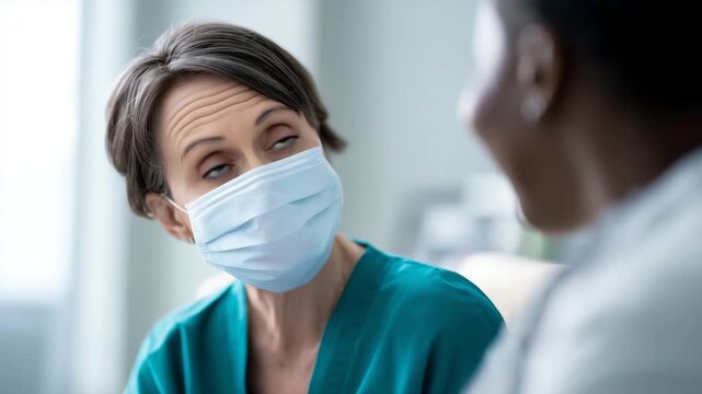 medical assistant wearing mask speaking with patient, slight head tilt, expressive eyes, calm reassuring emotion, realistic hands