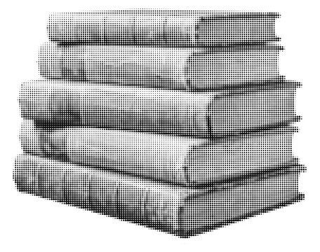 Stack of books in halftone dot pattern, black and white illustration, isolated on white background
