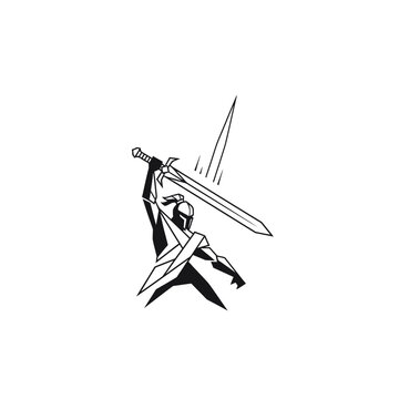 Geometric warrior with sword raised in attack position graphic illustration
