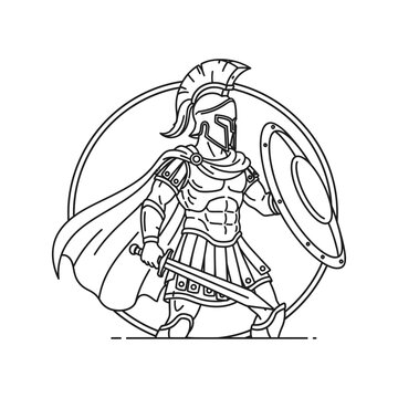 Line art illustration of a roman gladiator in battle attire with shield and sword
