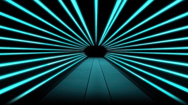 Numerous bright cyan light beams converge toward a dark circular opening in a futuristic corridor.