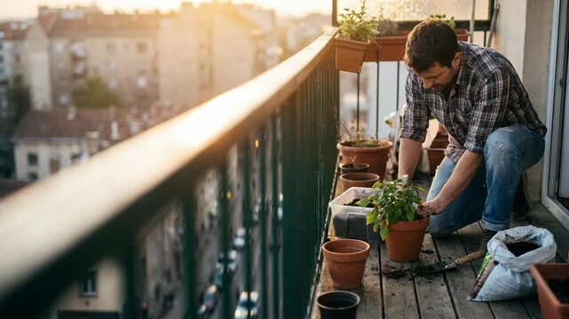 Man planting vegetable in clay pot on sunny balcony. Urban gardener cultivating herbs at sunset. Home gardening hobby for sustainable city living lifestyle concept.