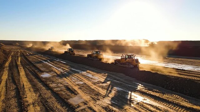 Multiple yellow bulldozers pushing massive piles of dirt across a construction site under bright midday sun.