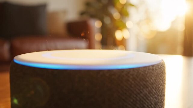 Smart Speaker on Table in Living Room with Ambient Lighting.