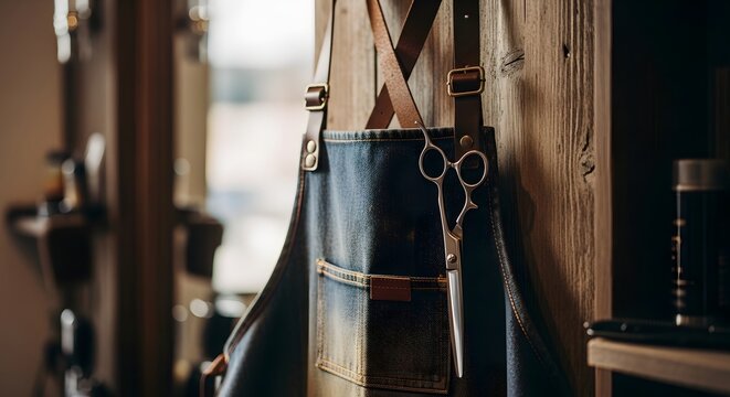 National barbershop tools hang on wooden wall close-up