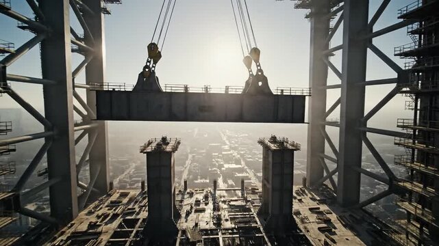 Massive steel girder being precisely lowered into place by multiple cranes during bridge construction