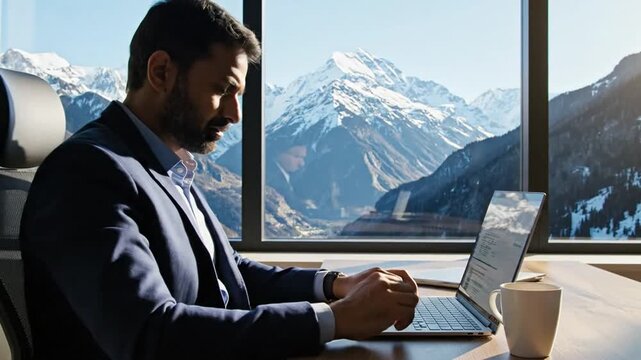 Man working on laptop near window with mountain view and coffee.