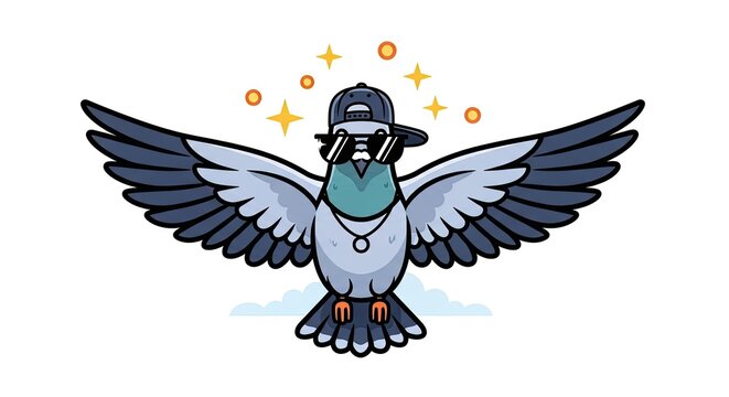 Cartoon pigeon wearing sunglasses cap and gold chain.