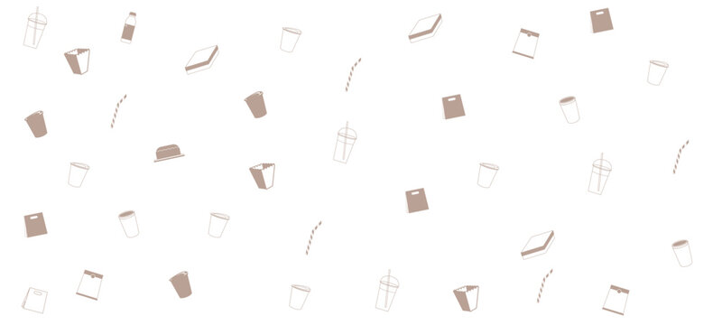 Minimalist fast food packaging vector icon set and seamless background pattern. Coffee cups, paper bags, bottle, and takeaway snack box