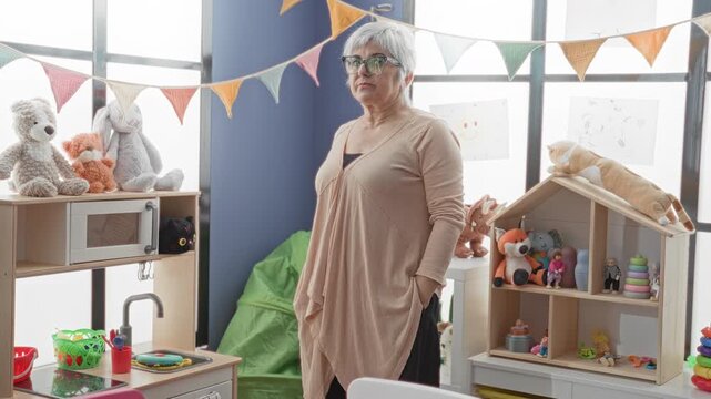 Grey haired woman standing with hands in pockets beside toy shelf and stuffed animals in a childcare building; nurturing calm.