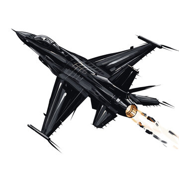 Sleek black fighter jet in flight with exhaust flames.
