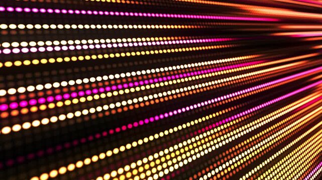 LED display. Rows of glowing dots rush forward, forming a fiery stream of light and speed. Technological background. 3D render.