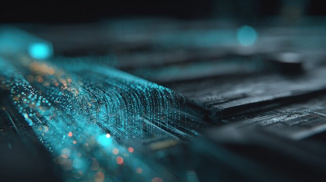 Flowing illuminated data streams move across a dark, textured surface in a close up view.