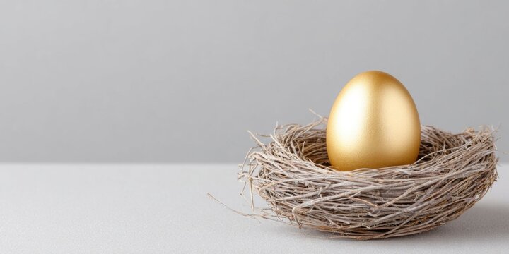 a shiny golden egg in the nest on a light grey background